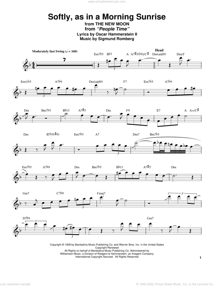 Softly As In A Morning Sunrise sheet music for tenor saxophone solo (transcription) by Stan Getz, Oscar II Hammerstein and Sigmund Romberg, intermediate tenor saxophone (transcription)