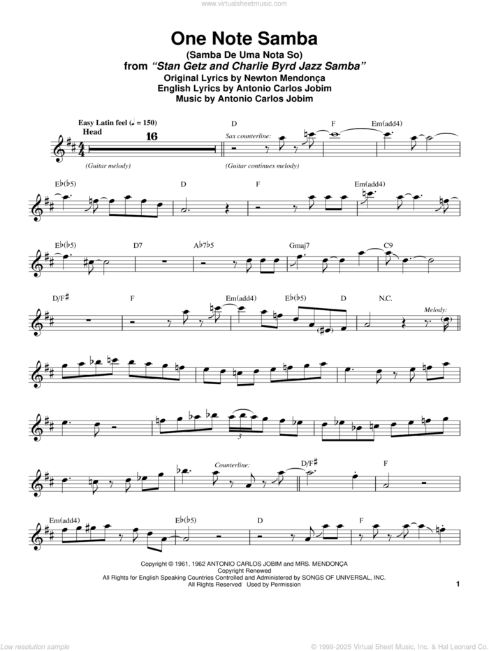 One Note Samba (Samba De Uma Nota So) sheet music for tenor saxophone solo (transcription) by Stan Getz, Pat Thomas, Antonio Carlos Jobim and Newton Mendonca, intermediate tenor saxophone (transcription)