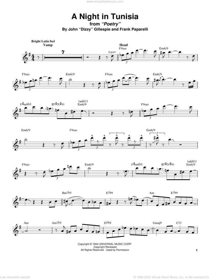 A Night In Tunisia sheet music for tenor saxophone solo (transcription) by Stan Getz, Dizzy Gillespie and Frank Paparelli, intermediate tenor saxophone (transcription)