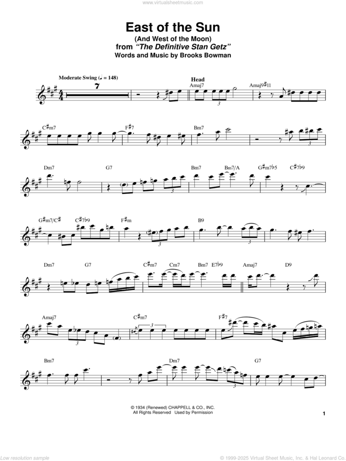 East Of The Sun (And West Of The Moon) sheet music for tenor saxophone solo (transcription) by Stan Getz and Brooks Bowman, intermediate tenor saxophone (transcription)