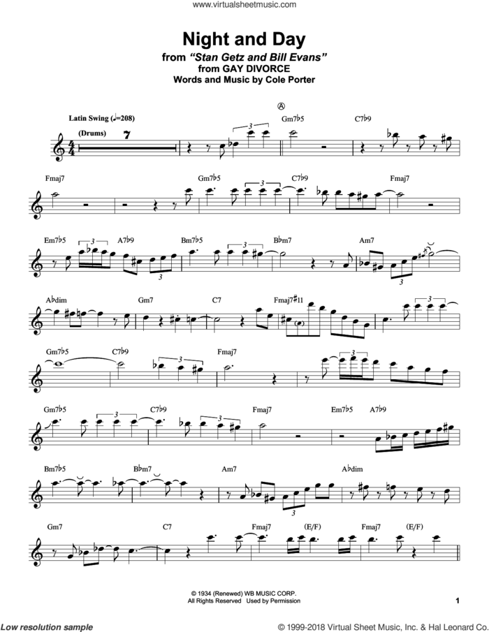 Night And Day sheet music for tenor saxophone solo (transcription) by Stan Getz and Cole Porter, intermediate tenor saxophone (transcription)