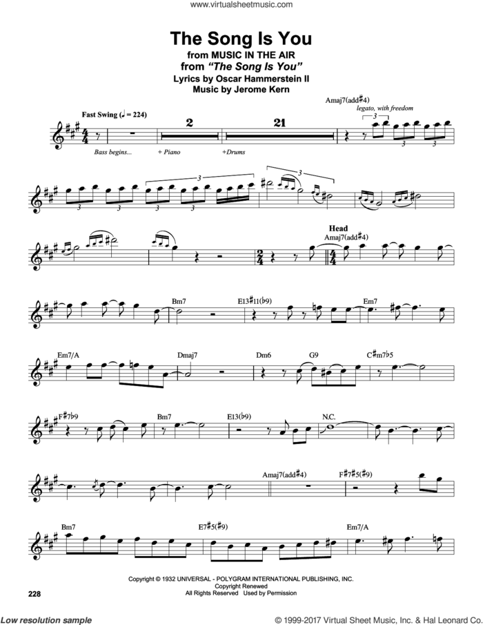 The Song Is You sheet music for tenor saxophone solo (transcription) by Stan Getz, Jerome Kern and Oscar II Hammerstein, intermediate tenor saxophone (transcription)