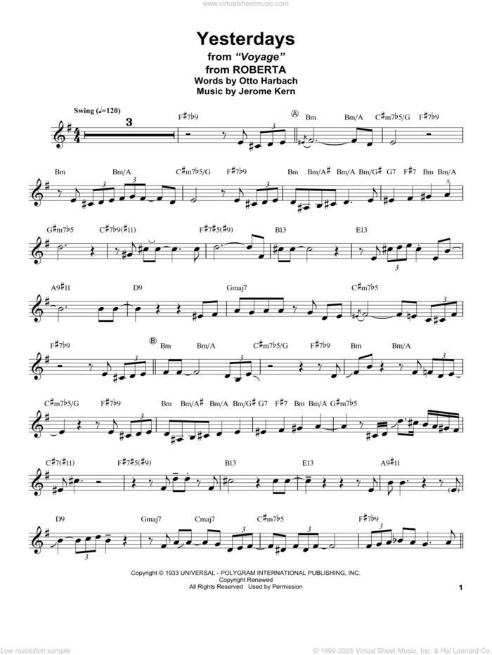 Yesterdays (from Roberta) sheet music for tenor saxophone solo (transcription) by Stan Getz, Jerome Kern and Otto Harbach, intermediate tenor saxophone (transcription)