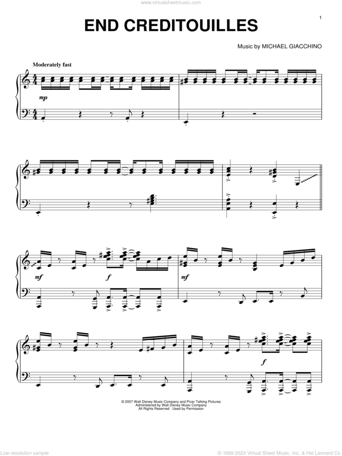 End Creditouilles sheet music for piano solo by Michael Giacchino and Ratatouille (Movie), intermediate skill level