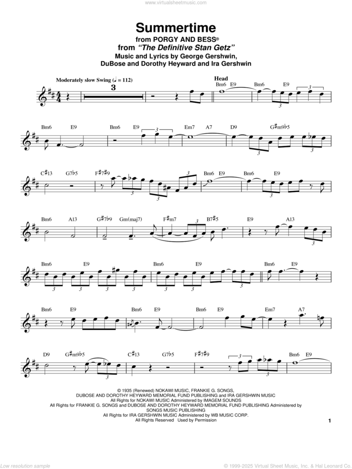 Summertime sheet music for tenor saxophone solo (transcription) by Stan Getz, Dorothy Heyward, DuBose Heyward, George Gershwin and Ira Gershwin, intermediate tenor saxophone (transcription)