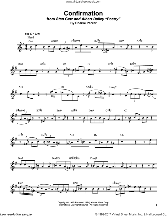 Confirmation sheet music for tenor saxophone solo (transcription) by Stan Getz and Charlie Parker, intermediate tenor saxophone (transcription)