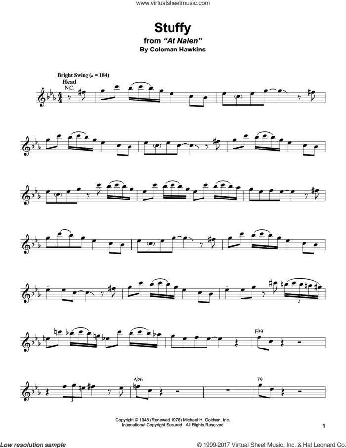 Stuffy sheet music for tenor saxophone solo (transcription) by Stan Getz and Coleman Hawkins, intermediate tenor saxophone (transcription)