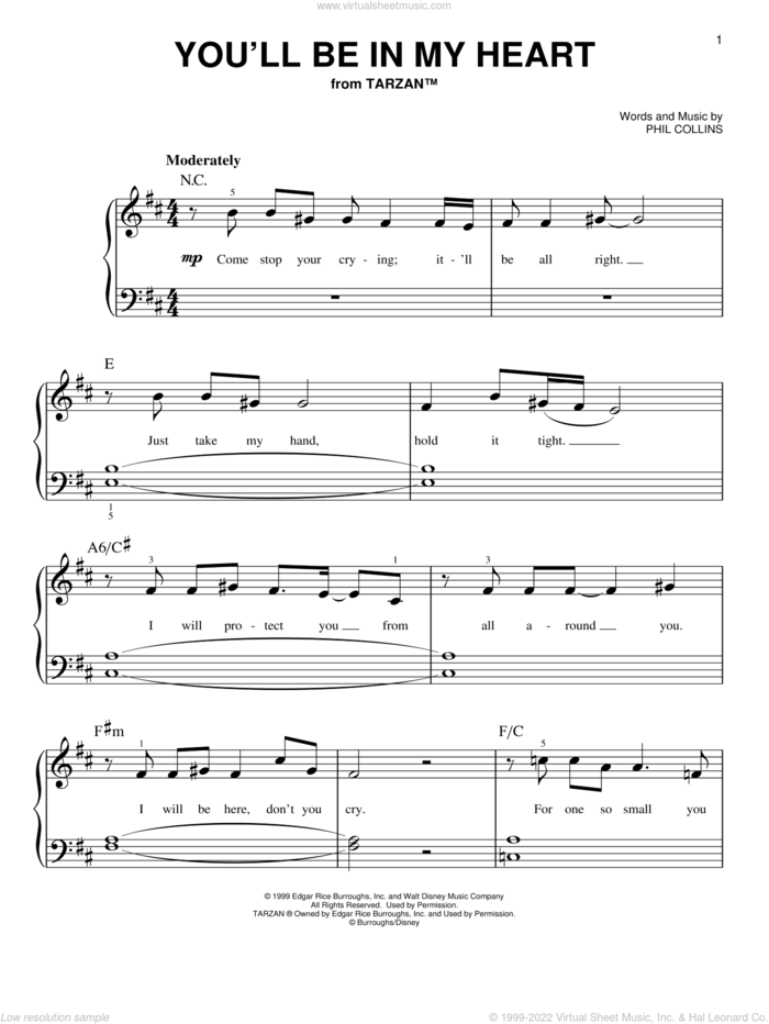 You'll Be In My Heart (from Tarzan) sheet music for piano solo by Phil Collins, easy skill level