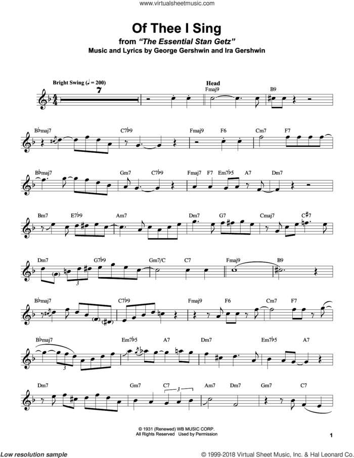 Of Thee I Sing sheet music for tenor saxophone solo (transcription) by Stan Getz, George Gershwin and Ira Gershwin, intermediate tenor saxophone (transcription)