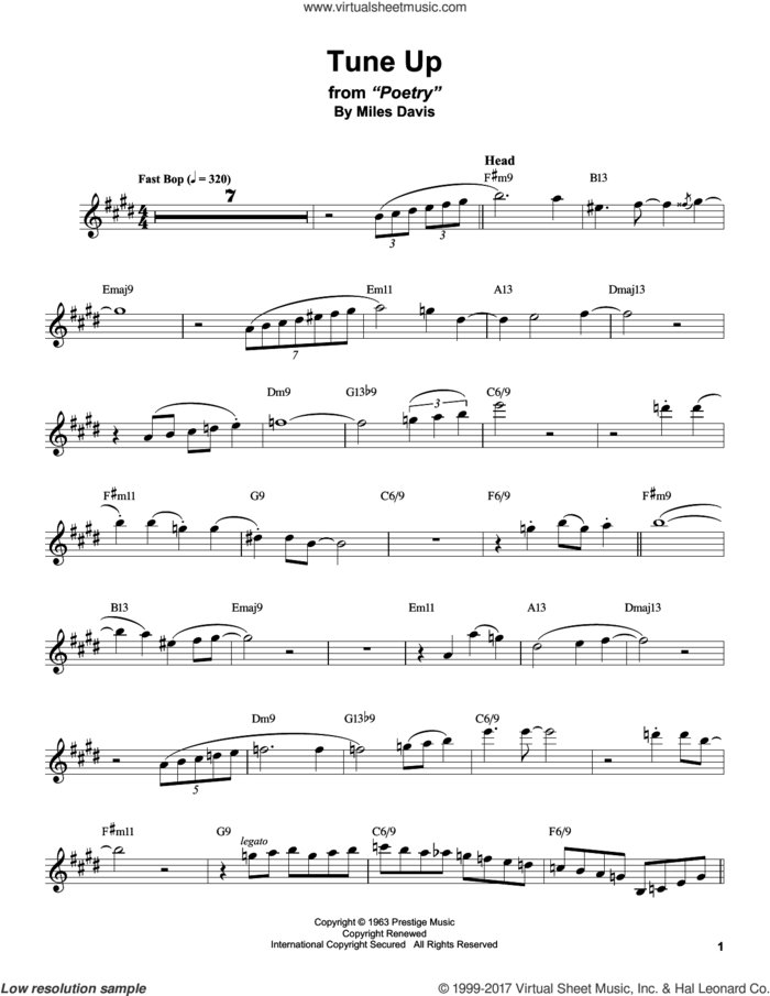 Tune Up sheet music for tenor saxophone solo (transcription) by Stan Getz and Miles Davis, intermediate tenor saxophone (transcription)