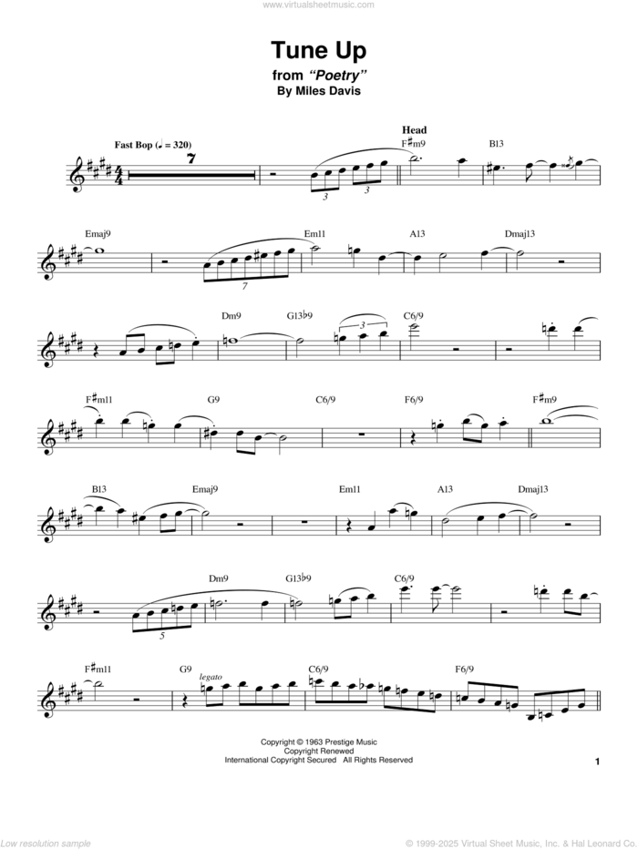 Tune Up sheet music for tenor saxophone solo (transcription) by Stan Getz and Miles Davis, intermediate tenor saxophone (transcription)