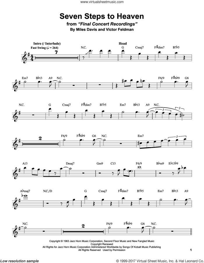 Seven Steps To Heaven sheet music for tenor saxophone solo (transcription) by Stan Getz, Miles Davis and Victor Feldman, intermediate tenor saxophone (transcription)