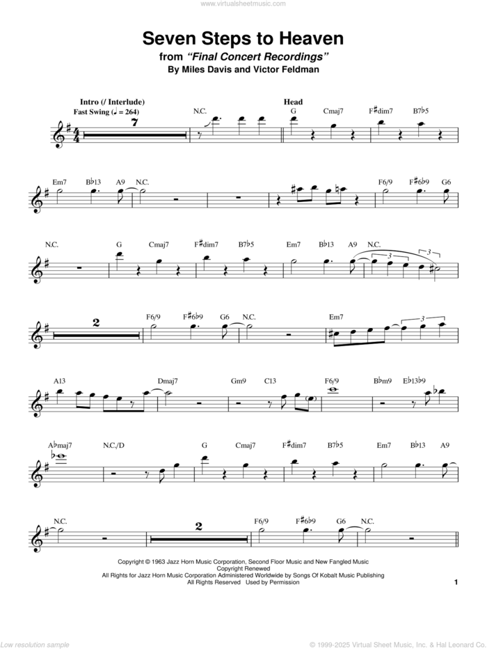 Seven Steps To Heaven sheet music for tenor saxophone solo (transcription) by Stan Getz, Miles Davis and Victor Feldman, intermediate tenor saxophone (transcription)