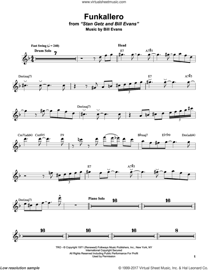 Funkallero sheet music for tenor saxophone solo (transcription) by Stan Getz and Bill Evans, intermediate tenor saxophone (transcription)