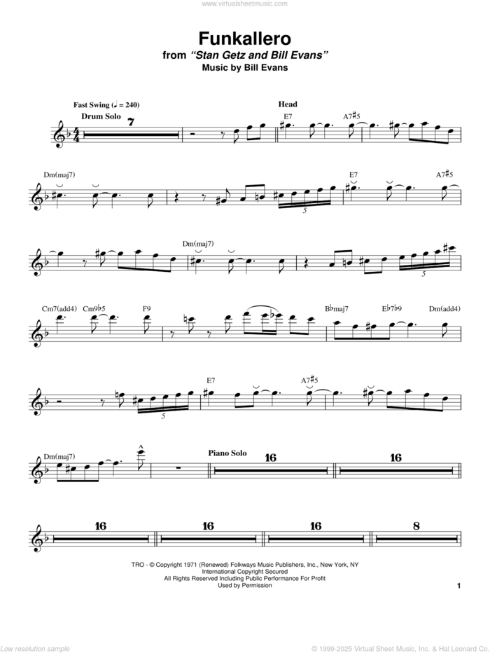 Funkallero sheet music for tenor saxophone solo (transcription) by Stan Getz and Bill Evans, intermediate tenor saxophone (transcription)