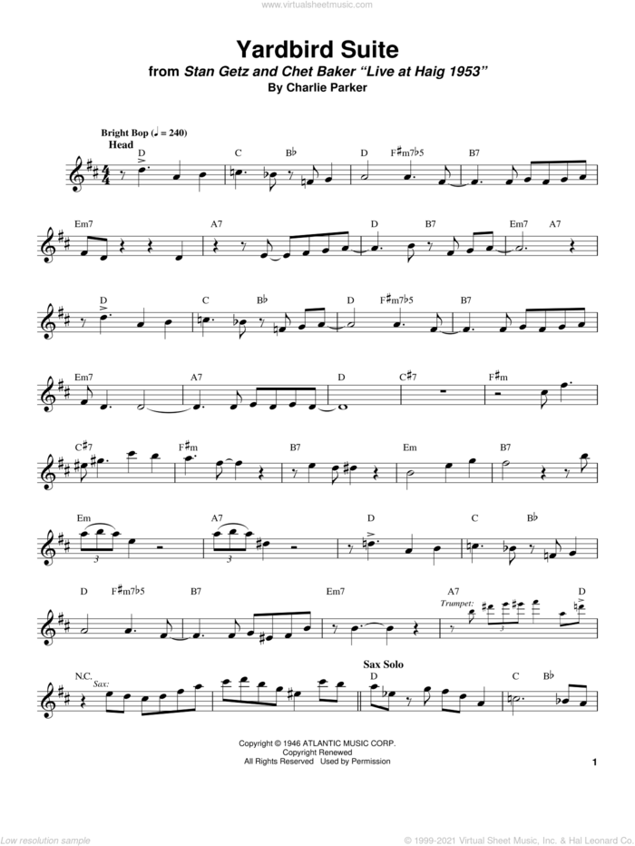 Yardbird Suite sheet music for tenor saxophone solo (transcription) by Stan Getz and Charlie Parker, intermediate tenor saxophone (transcription)