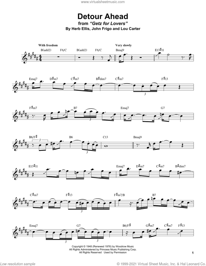 Detour Ahead sheet music for tenor saxophone solo (transcription) by Stan Getz, Herb Ellis, John Frigo and Lou Carter, intermediate tenor saxophone (transcription)
