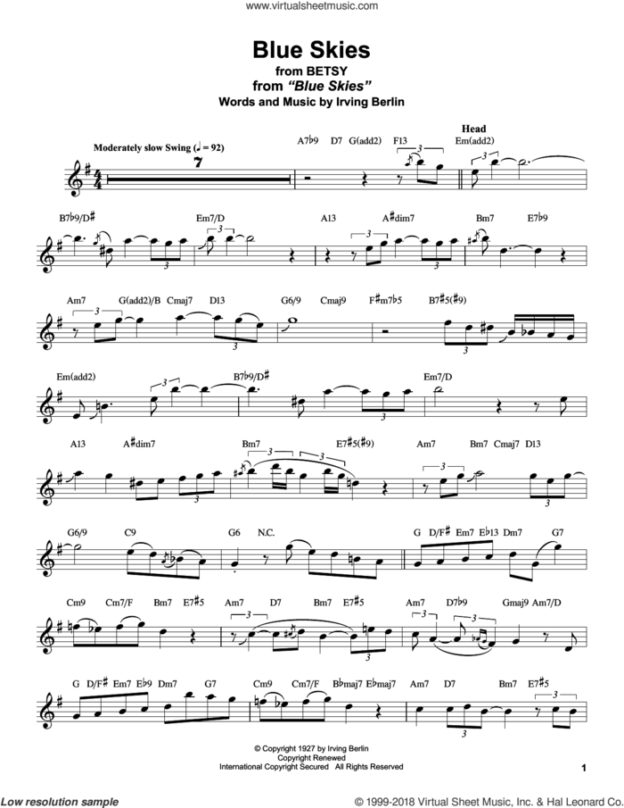 Blue Skies sheet music for tenor saxophone solo (transcription) by Stan Getz, Willie Nelson and Irving Berlin, intermediate tenor saxophone (transcription)