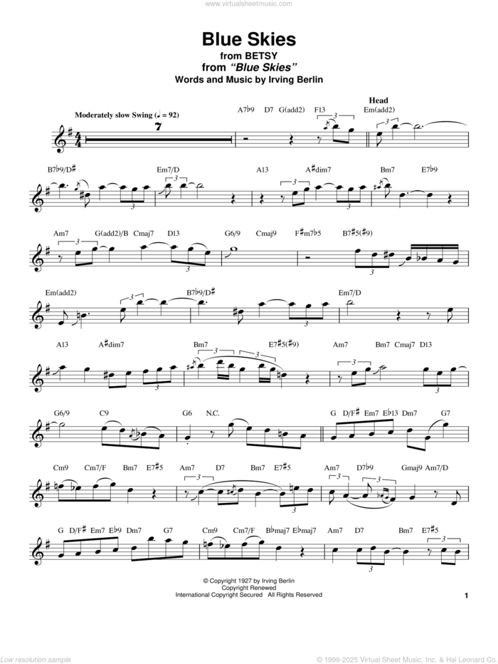 Blue Skies sheet music for tenor saxophone solo (transcription) by Stan Getz, Willie Nelson and Irving Berlin, intermediate tenor saxophone (transcription)