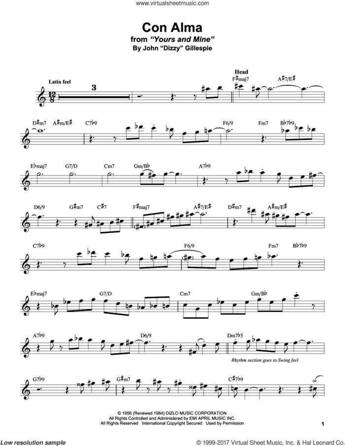 Con Alma sheet music for tenor saxophone solo (transcription) by Stan Getz and Dizzy Gillespie, intermediate tenor saxophone (transcription)