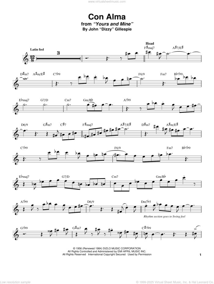 Con Alma sheet music for tenor saxophone solo (transcription) by Stan Getz and Dizzy Gillespie, intermediate tenor saxophone (transcription)