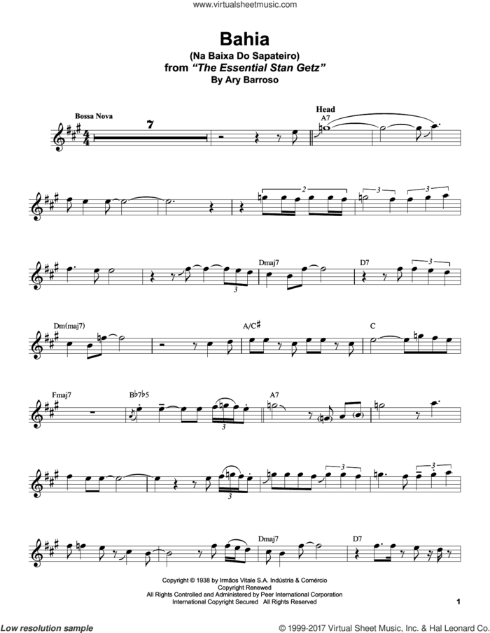 Bahia (Na Baixa Do Sapateiro) sheet music for tenor saxophone solo (transcription) by Stan Getz, Charlie Byrd and Ary Barroso, intermediate tenor saxophone (transcription)