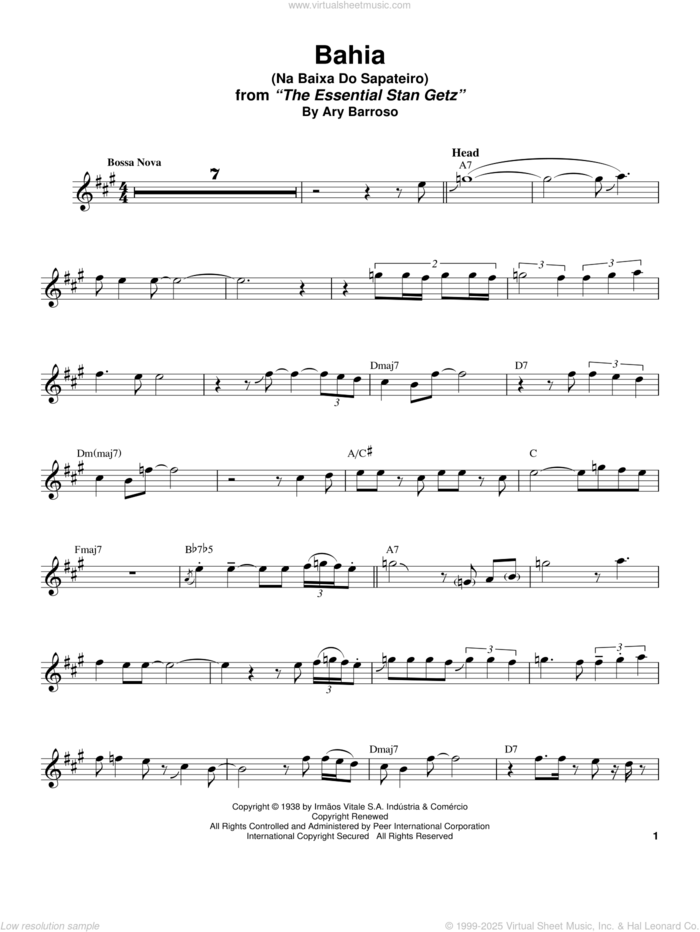 Bahia (Na Baixa Do Sapateiro) sheet music for tenor saxophone solo (transcription) by Stan Getz, Charlie Byrd and Ary Barroso, intermediate tenor saxophone (transcription)