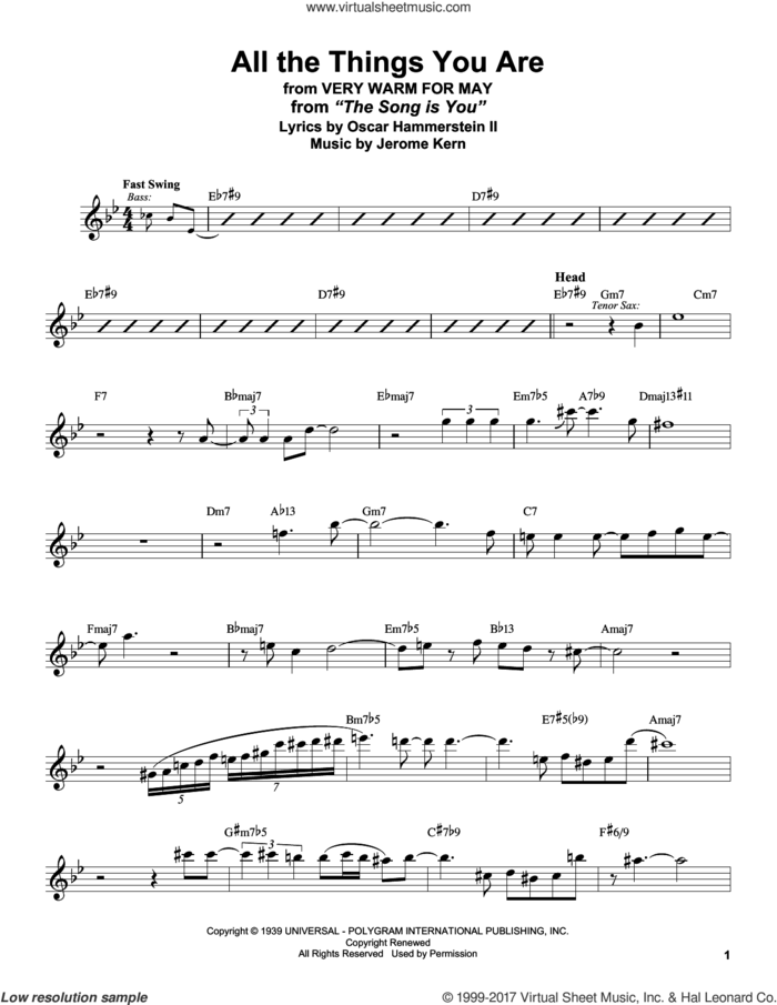 All The Things You Are sheet music for tenor saxophone solo (transcription) by Stan Getz, Jack Leonard with Tommy Dorsey Orchestra, Jerome Kern and Oscar II Hammerstein, intermediate tenor saxophone (transcription)
