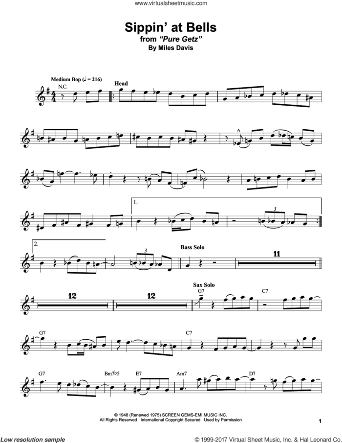 Sippin' At Bells sheet music for tenor saxophone solo (transcription) by Stan Getz and Miles Davis, intermediate tenor saxophone (transcription)