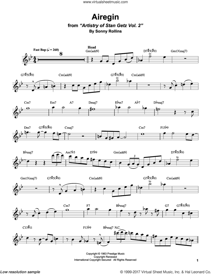 Airegin sheet music for tenor saxophone solo (transcription) by Stan Getz, John Coltrane and Sonny Rollins, intermediate tenor saxophone (transcription)