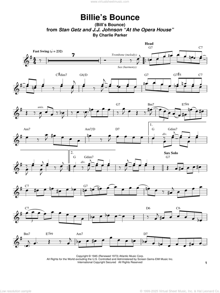 Billie's Bounce (Bill's Bounce) sheet music for tenor saxophone solo (transcription) by Stan Getz and Charlie Parker, intermediate tenor saxophone (transcription)