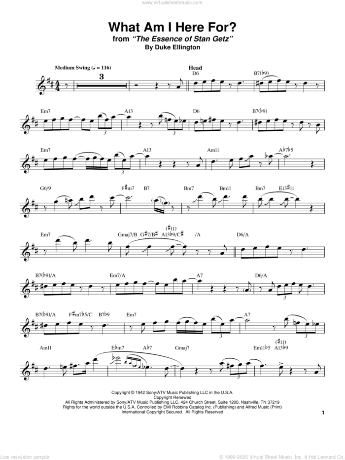 What Am I Here For? sheet music for tenor saxophone solo (transcription) by Stan Getz and Duke Ellington, intermediate tenor saxophone (transcription)