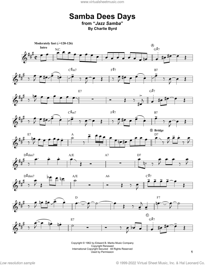 Samba Dees Days sheet music for tenor saxophone solo (transcription) by Stan Getz and Charlie Byrd, intermediate tenor saxophone (transcription)