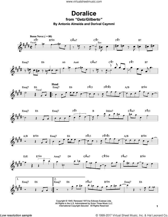Doralice sheet music for tenor saxophone solo (transcription) by Stan Getz, Antonio Almeida and Dorival Caymmi, intermediate tenor saxophone (transcription)