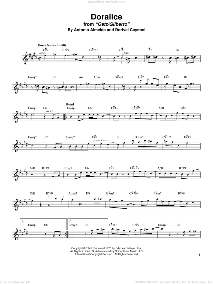 Doralice sheet music for tenor saxophone solo (transcription) by Stan Getz, Antonio Almeida and Dorival Caymmi, intermediate tenor saxophone (transcription)