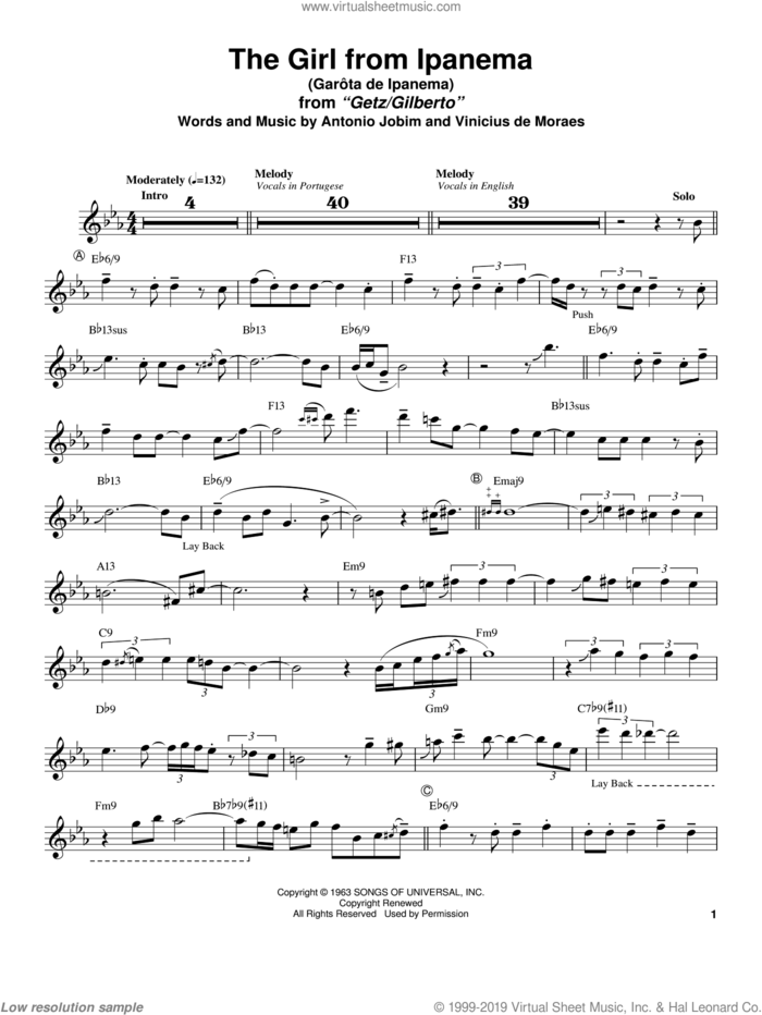 Garota De Ipanema sheet music for tenor saxophone solo (transcription) by Stan Getz, Antonio Jobim and Vinicius de Moraes, intermediate tenor saxophone (transcription)