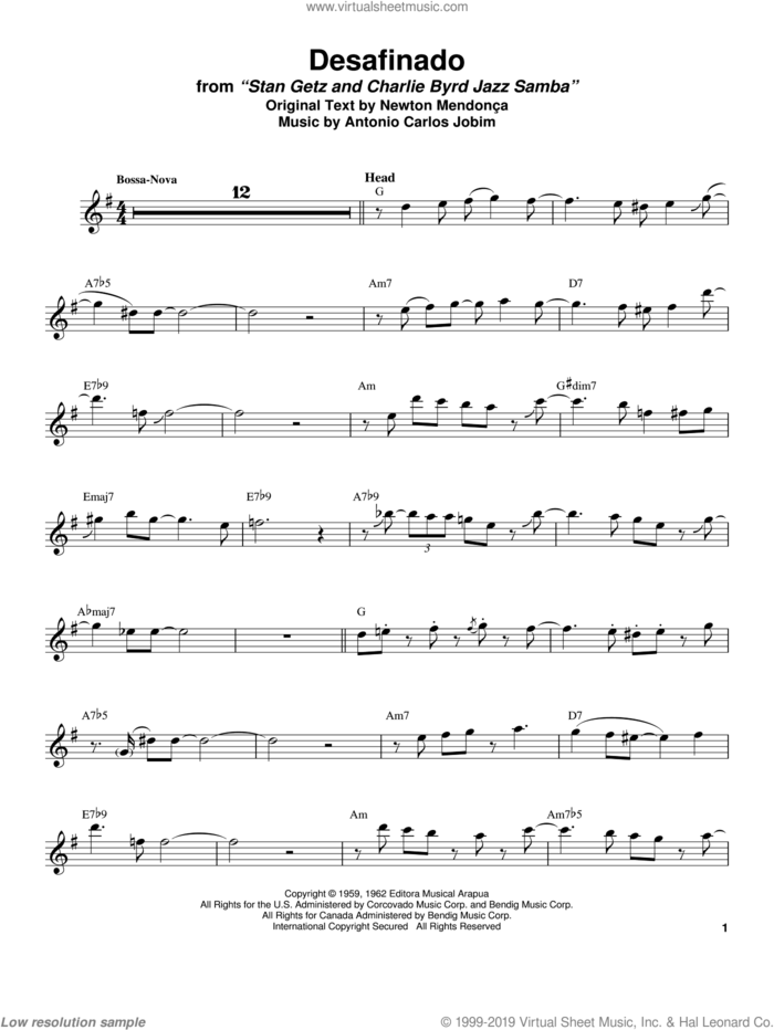Desafinado sheet music for tenor saxophone solo (transcription) by Stan Getz, Antonio Carlos Jobim and Newton Mendonca, intermediate tenor saxophone (transcription)