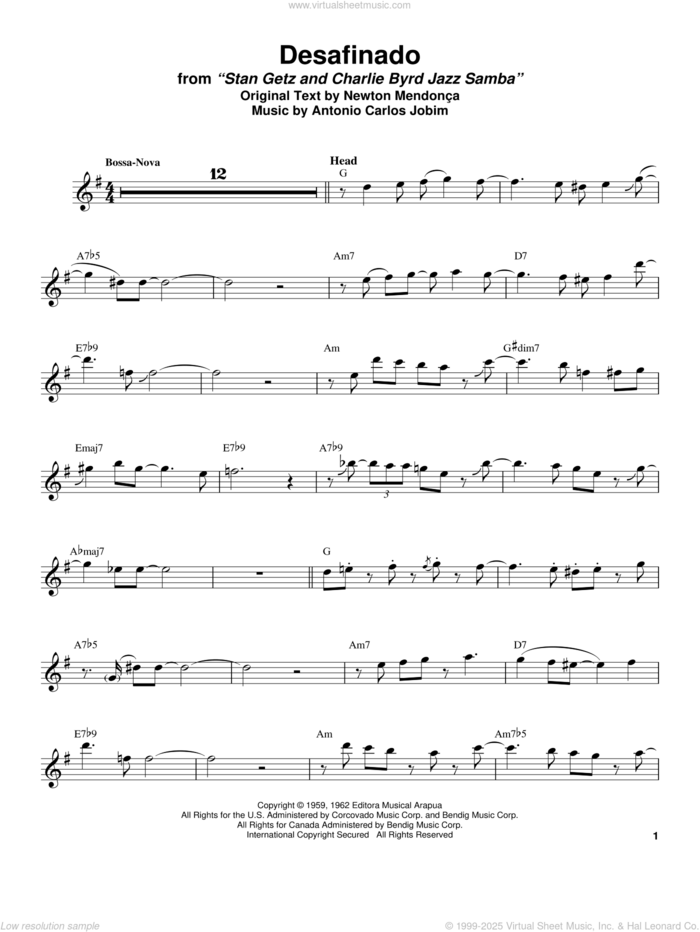 Desafinado sheet music for tenor saxophone solo (transcription) by Stan Getz, Antonio Carlos Jobim and Newton Mendonca, intermediate tenor saxophone (transcription)