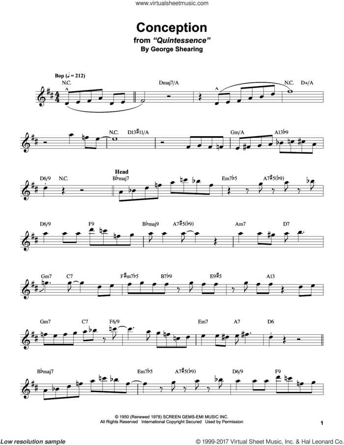 Conception sheet music for tenor saxophone solo (transcription) by Stan Getz and George Shearing, intermediate tenor saxophone (transcription)