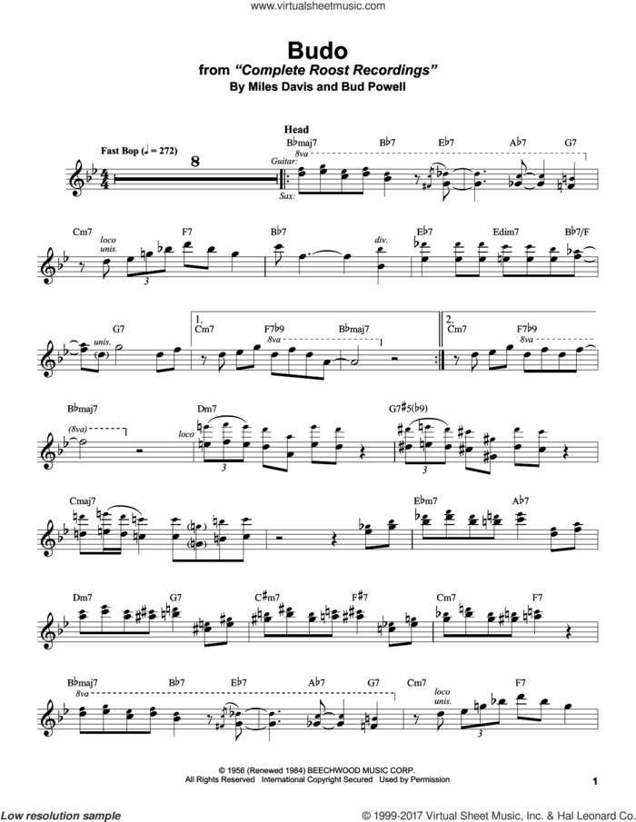 Budo sheet music for tenor saxophone solo (transcription) by Stan Getz, Bud Powell and Miles Davis, intermediate tenor saxophone (transcription)