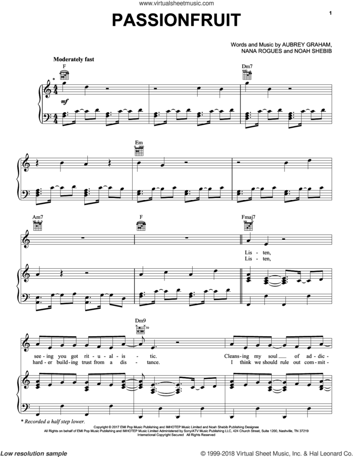 Passionfruit sheet music for voice, piano or guitar by Drake, Aubrey Graham, Nana Rogues and Noah Sheabib, intermediate skill level