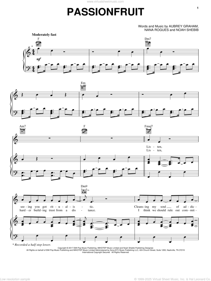 Passionfruit sheet music for voice, piano or guitar by Drake, Aubrey Graham, Nana Rogues and Noah Sheabib, intermediate skill level