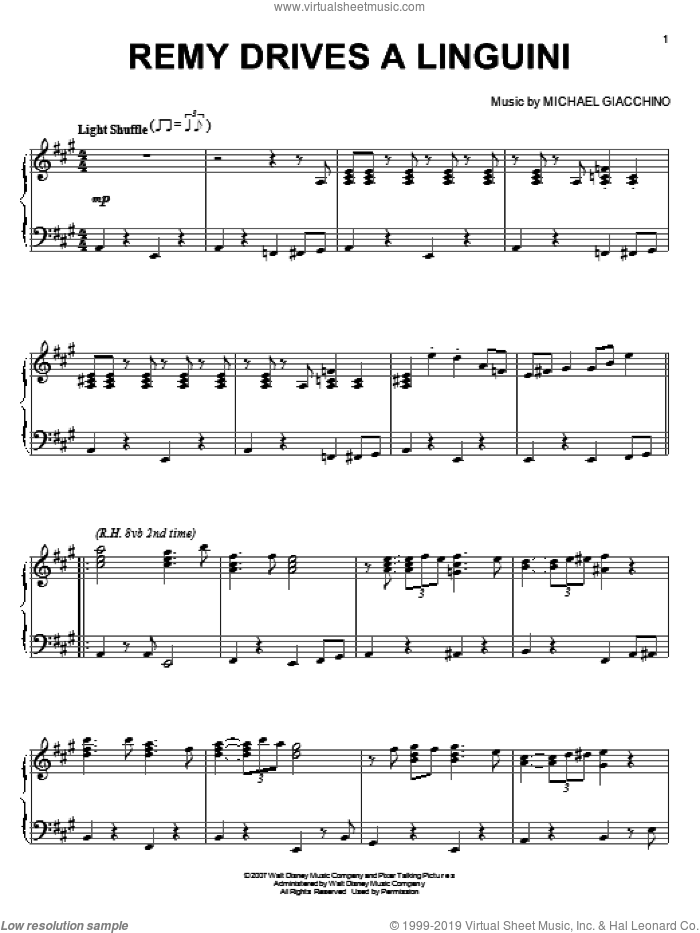 Remy Drives A Linguini sheet music for piano solo by Michael Giacchino and Ratatouille (Movie), intermediate skill level