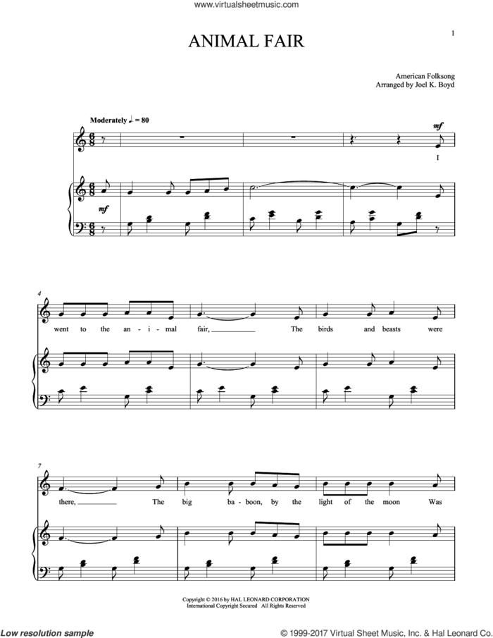 Animal Fair sheet music for voice and piano by American Folksong, intermediate skill level