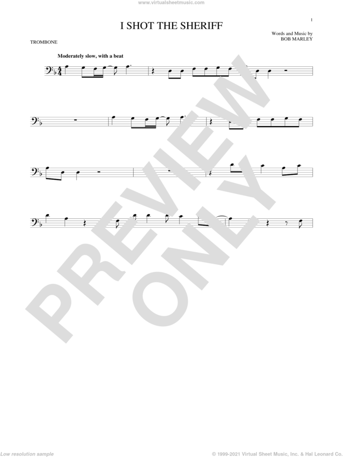 I Shot The Sheriff sheet music for trombone solo by Bob Marley, Eric Clapton and Warren G, intermediate skill level