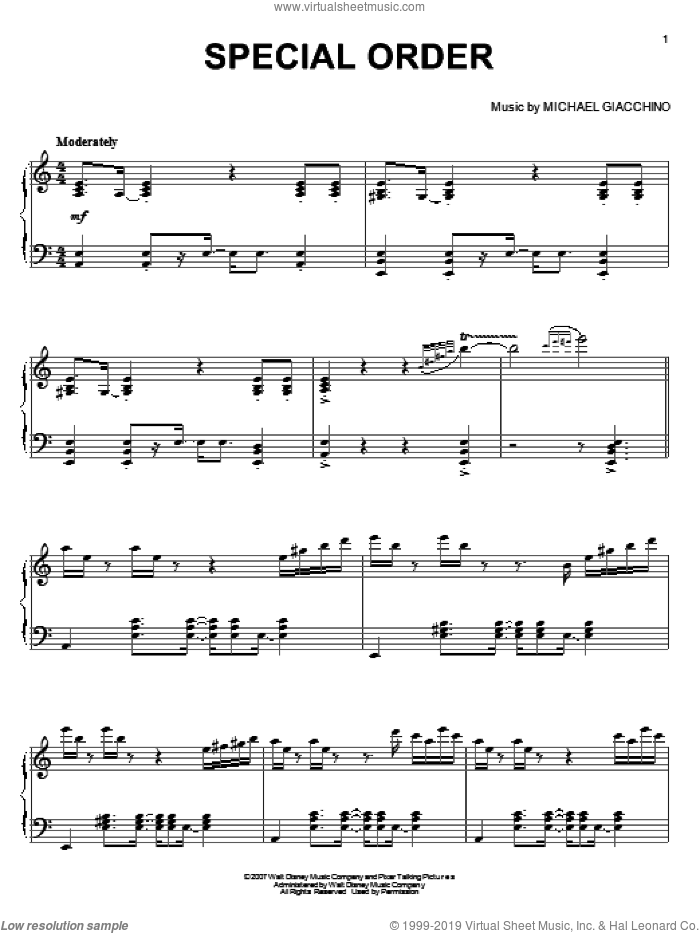 Special Order sheet music for piano solo by Michael Giacchino and Ratatouille (Movie), intermediate skill level