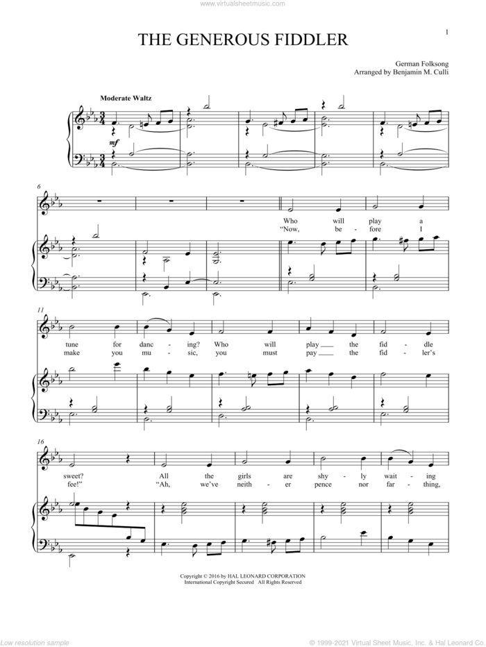 The Generous Fiddler sheet music for voice and piano, intermediate skill level