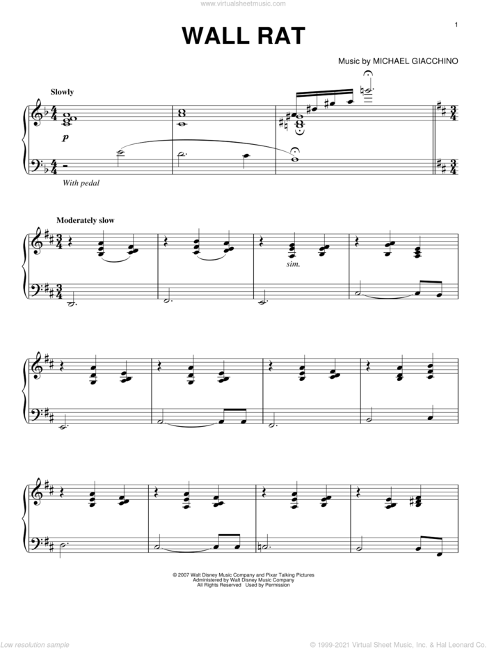 Wall Rat sheet music for piano solo by Michael Giacchino and Ratatouille (Movie), intermediate skill level