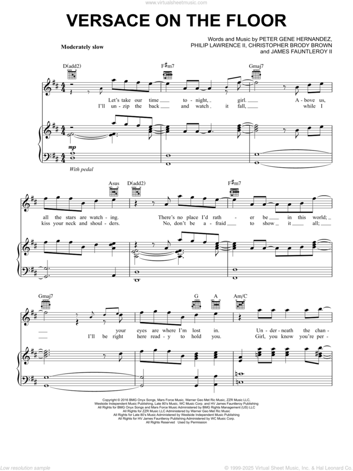 Versace On The Floor sheet music for voice, piano or guitar by Bruno Mars, Christopher Brody Brown, James Fauntleroy and Philip Lawrence, intermediate skill level