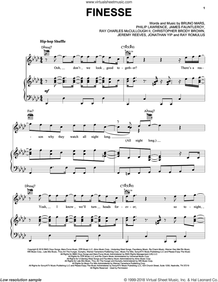Finesse sheet music for voice, piano or guitar by Bruno Mars, Christopher Brody Brown, James Fauntleroy, Jeremy Reeves, Jonathan Yip, Philip Lawrence, Ray Charles McCullough II and Ray Romulus, intermediate skill level